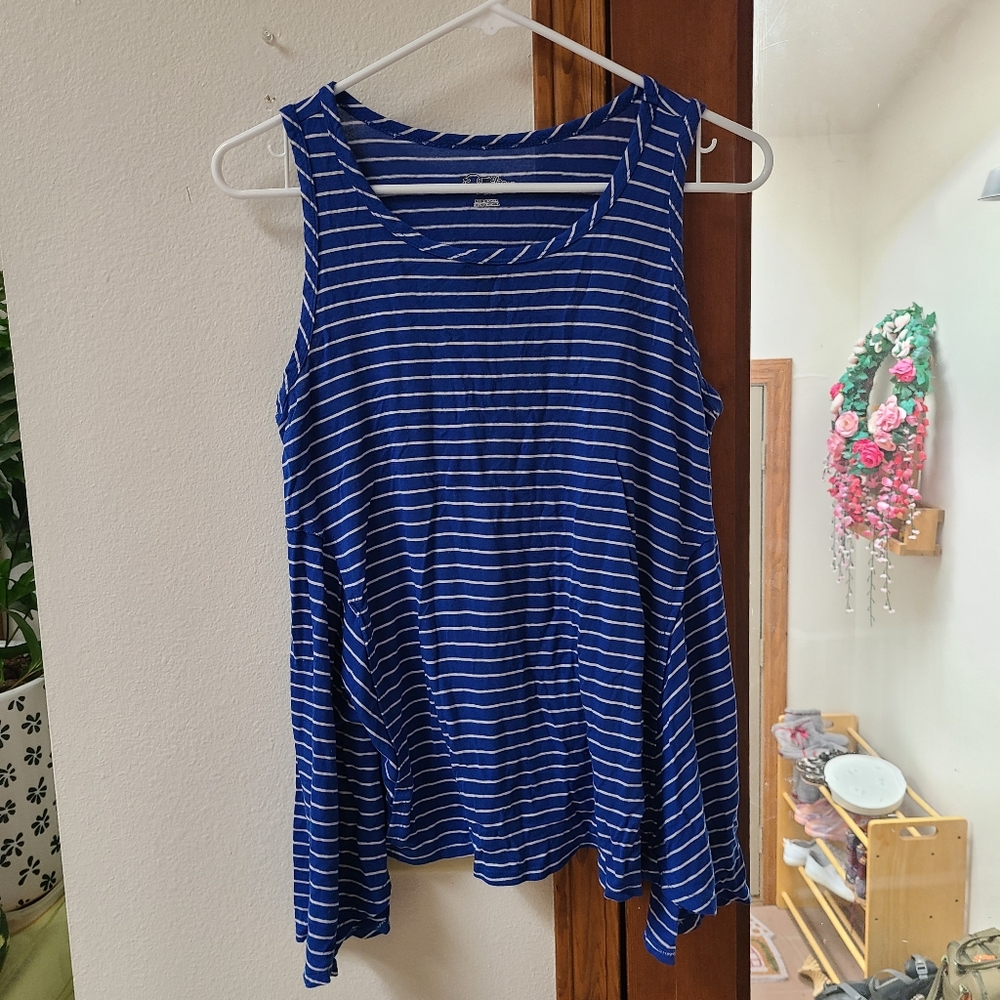 Flouncy Striped Tank Top Blue and White Striped with High Low Sides